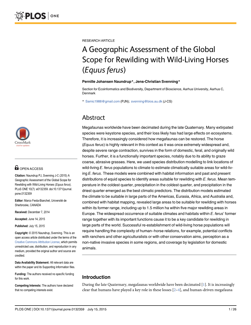 A Geographic Assessment of the Global Scope for Rewilding with Wild-Living Horses (Equus Ferus)