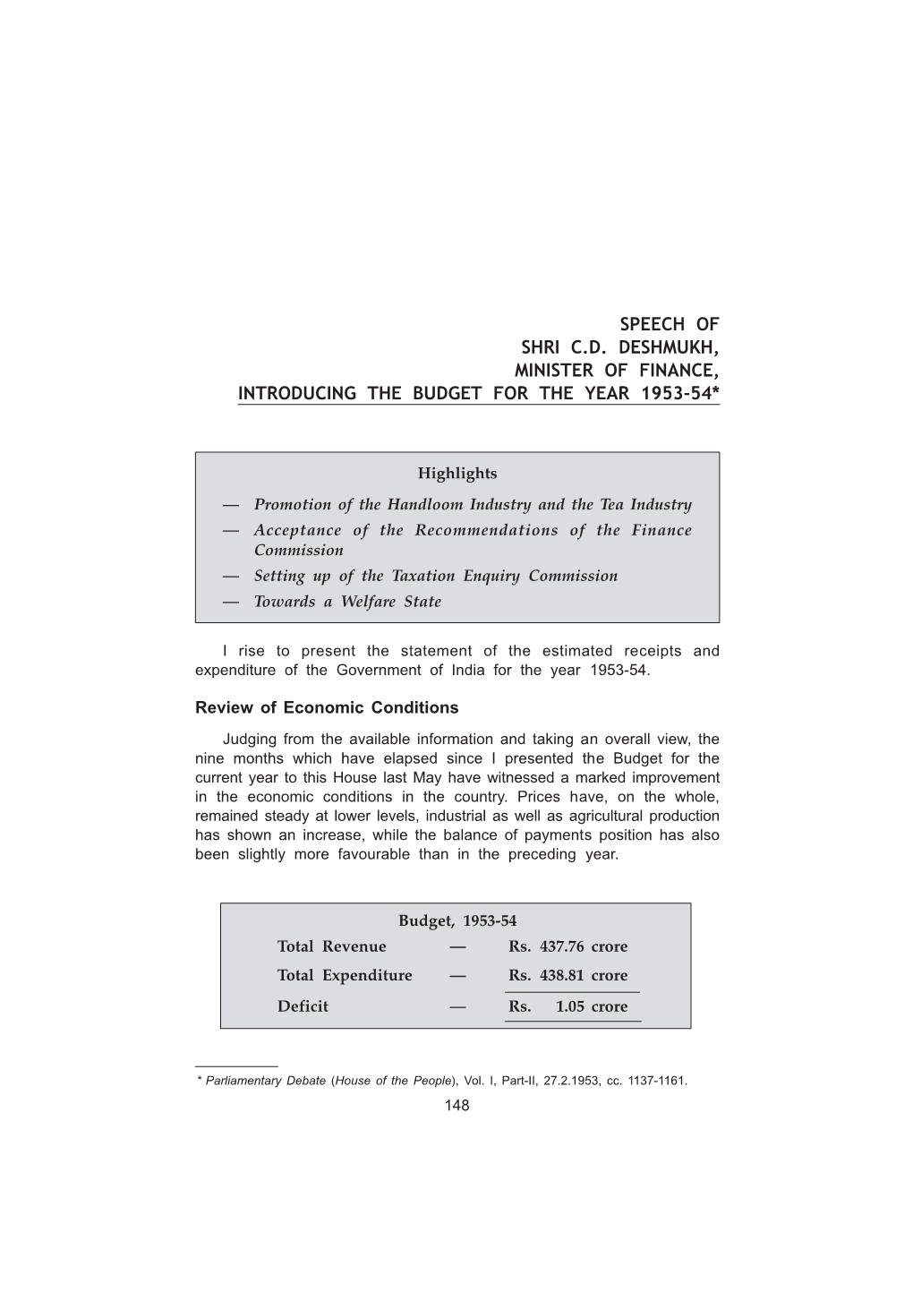 Budget Speech 27 February 1953-54