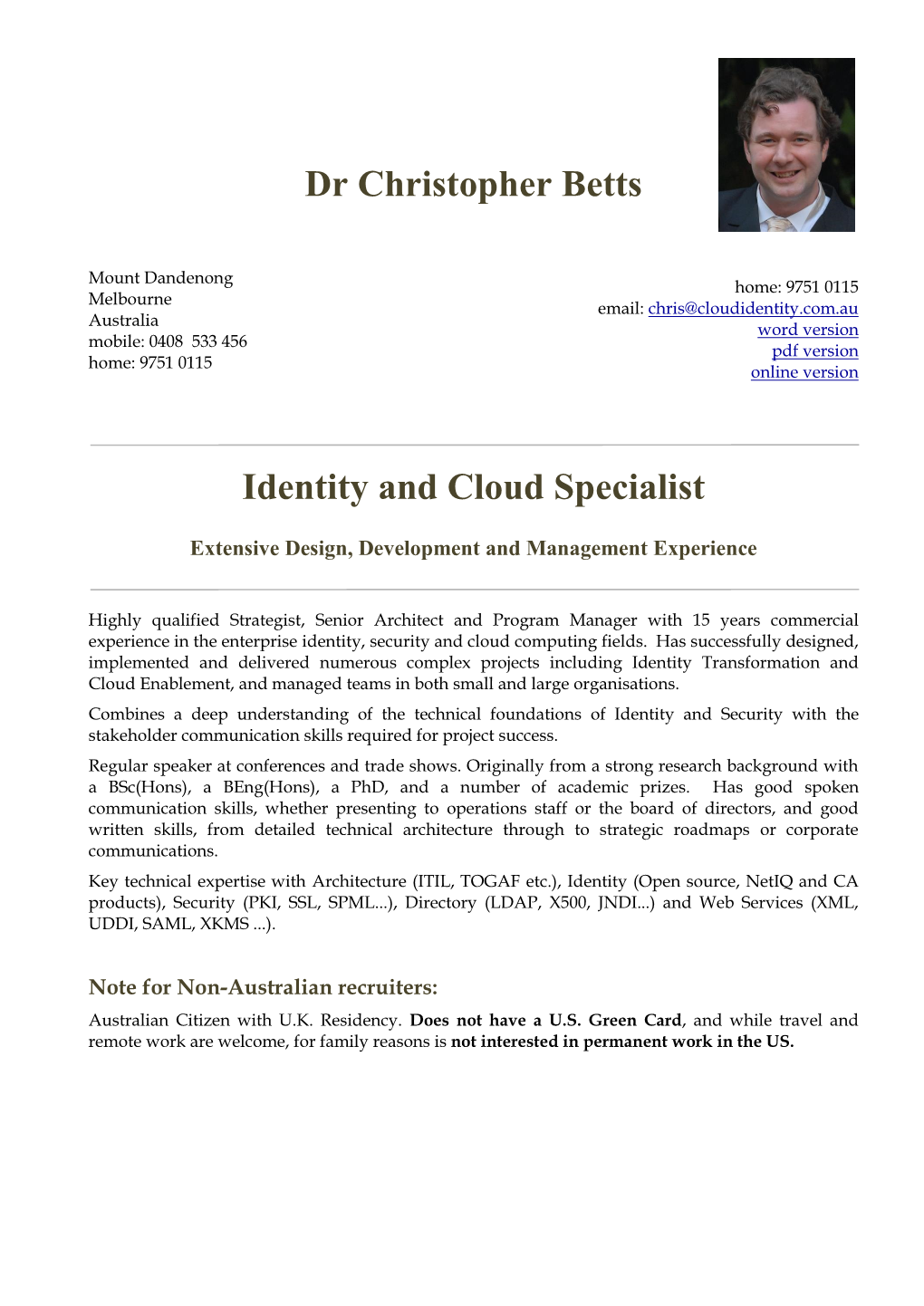 Dr Christopher Betts Identity and Cloud Specialist