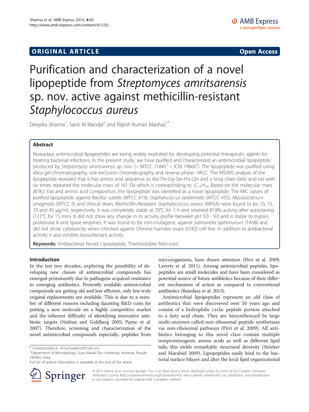 Purification and Characterization of a Novel Lipopeptide from Streptomyces Amritsarensis Sp