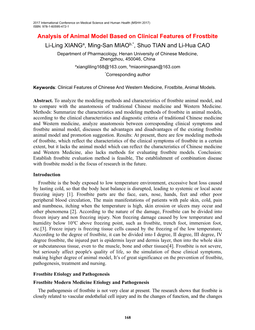 Analysis of Animal Model Based on Clinical Features of Frostbite Li