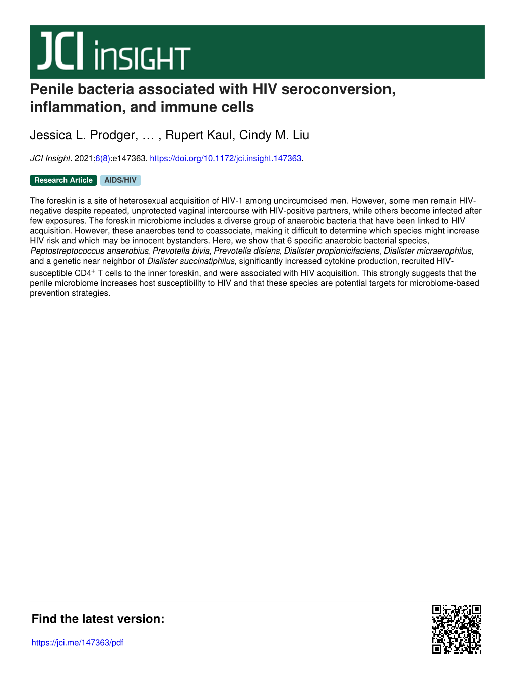 Penile Bacteria Associated with HIV Seroconversion, Inflammation, and Immune Cells