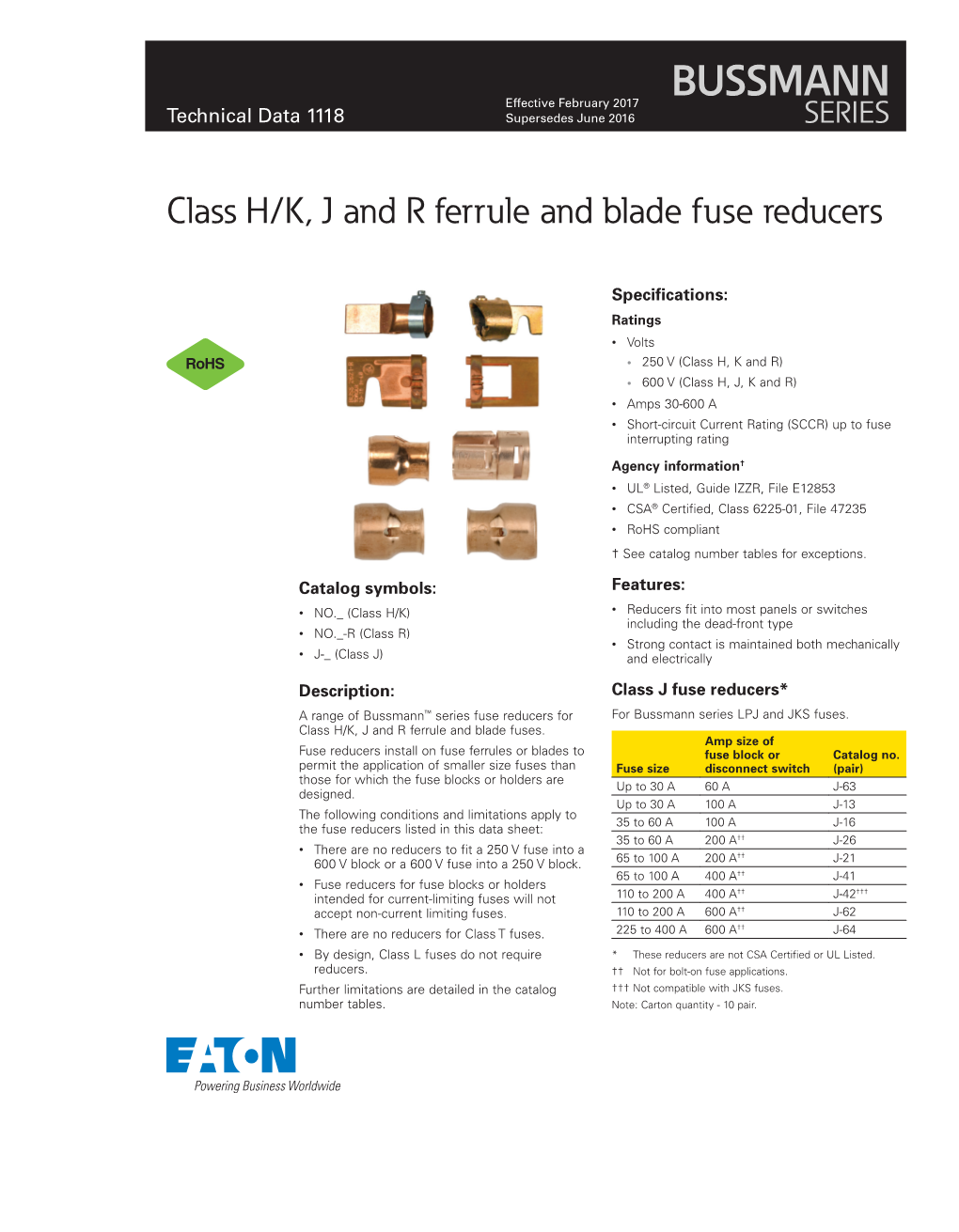 Bussmann Series Fuse Reducer Data Sheet No. 1118