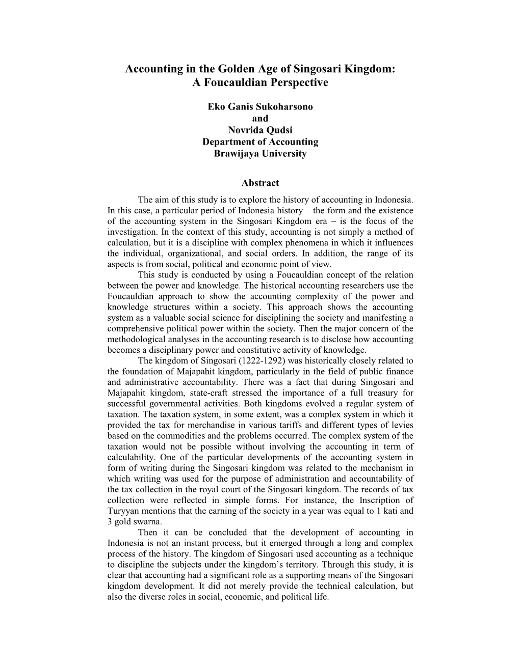 Accounting in the Golden Age of Singosari Kingdom: a Foucauldian Perspective