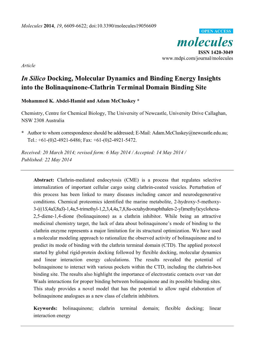 In Silico Docking, Molecular Dynamics and Binding Energy Insights Into the Bolinaquinone-Clathrin Terminal Domain Binding Site