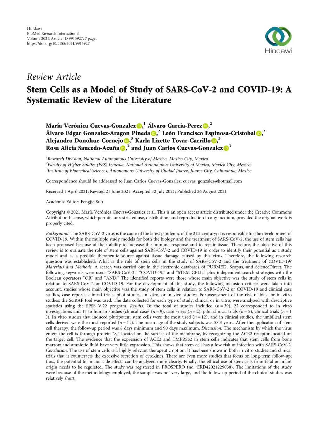 Review Article Stem Cells As a Model of Study of SARS-Cov-2 and COVID-19: a Systematic Review of the Literature