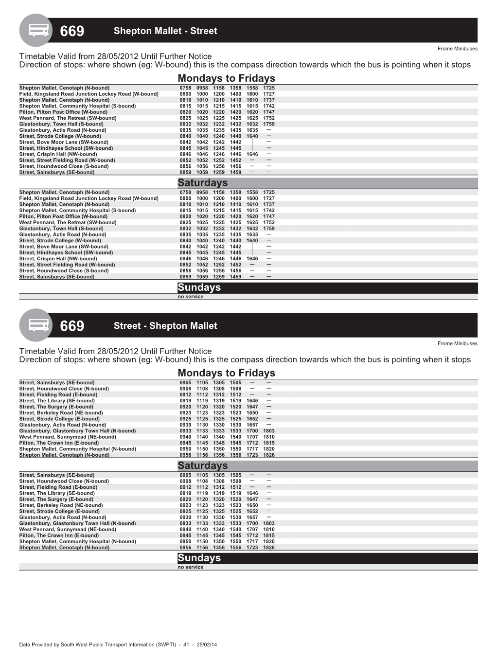 Shepton Mallet to Glastonbury Bus Times