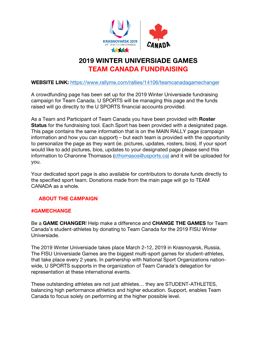 2019 Winter Universiade Games Team Canada Fundraising