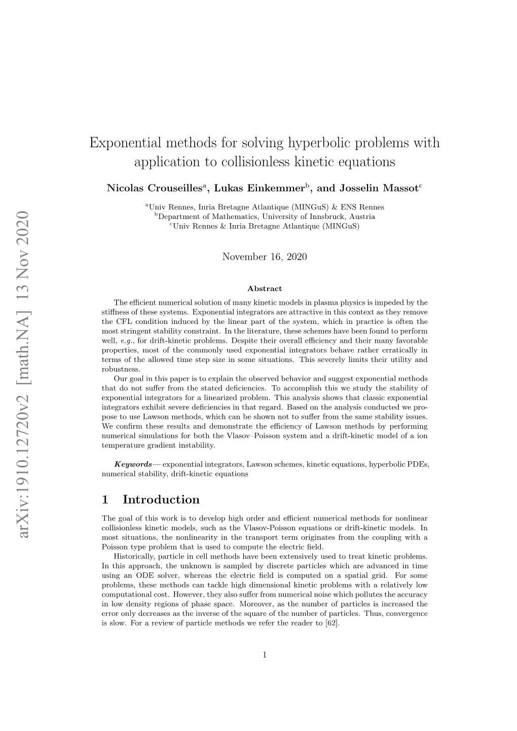 Exponential Methods for Solving Hyperbolic Problems with Application to Collisionless Kinetic Equations