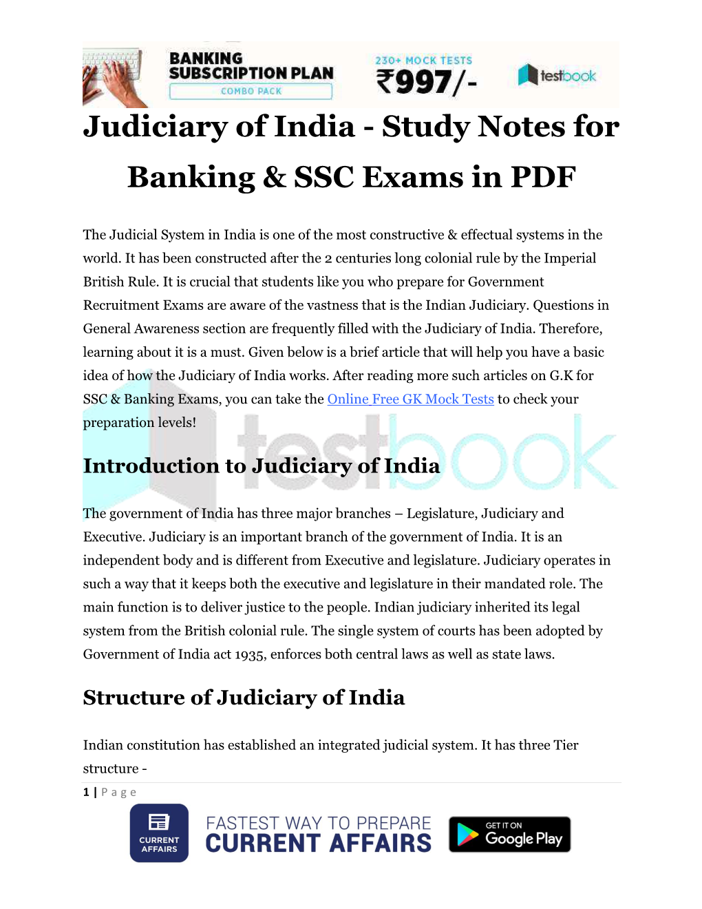 Judiciary of India - Study Notes for Banking & SSC Exams in PDF