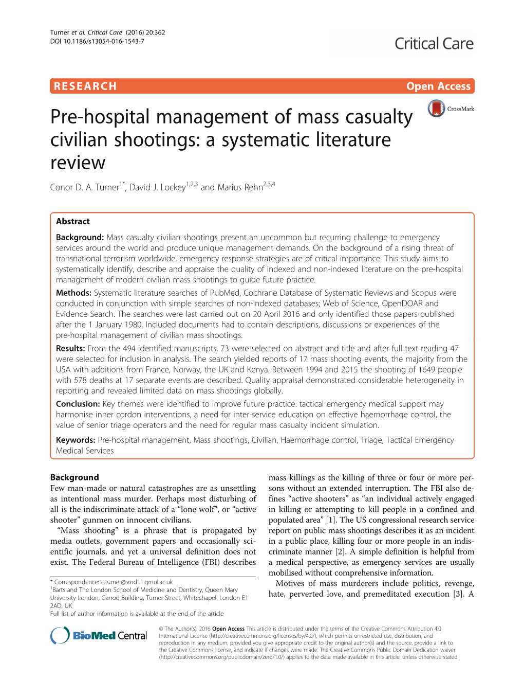 Pre-Hospital Management of Mass Casualty Civilian Shootings: a Systematic Literature Review Conor D