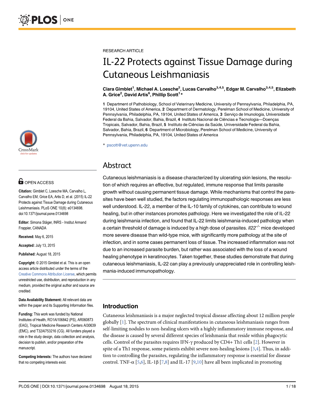 IL-22 Protects Against Tissue Damage During Cutaneous Leishmaniasis