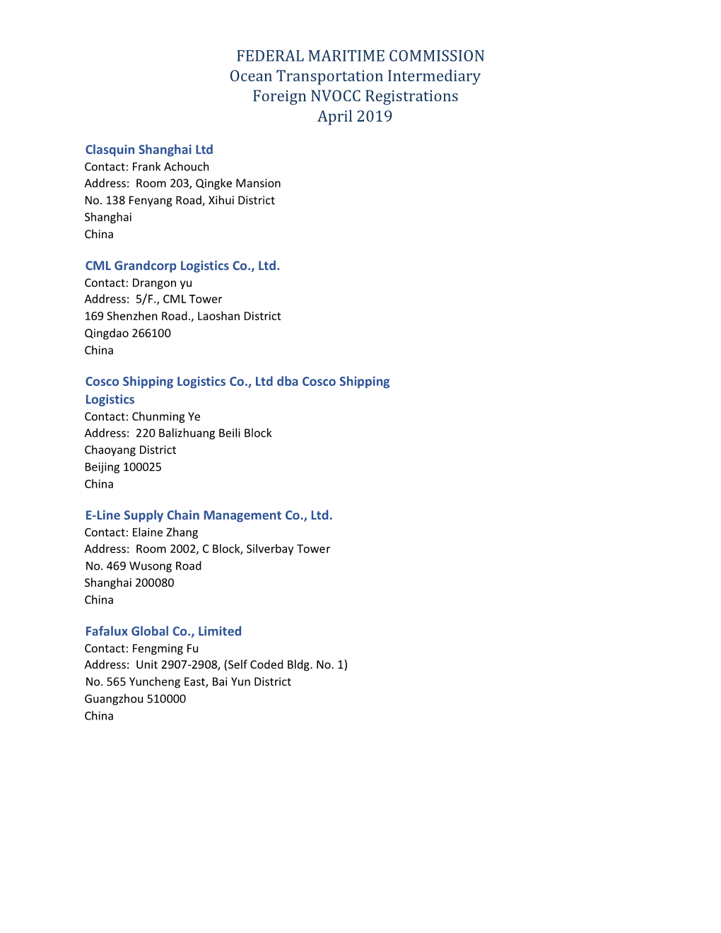 Foreign NVOCC Registrations April 2019