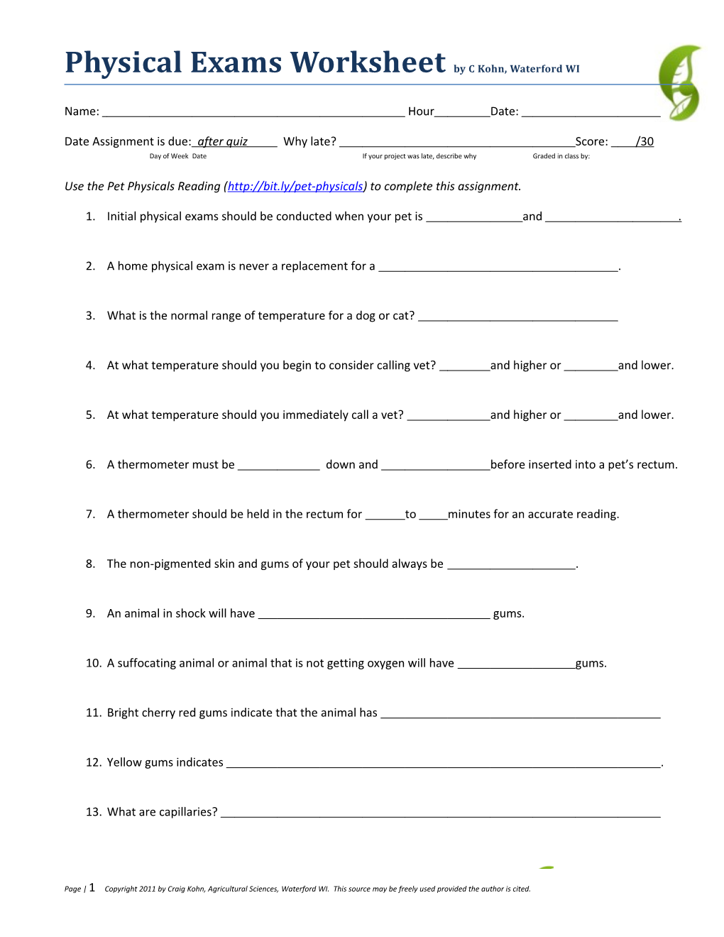 Physical Exams Worksheet by C Kohn, Waterford WI