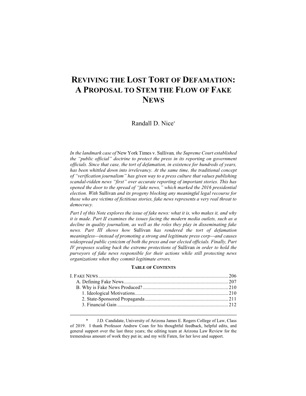 Reviving the Lost Tort of Defamation: a Proposal to Stem the Flow of Fake News