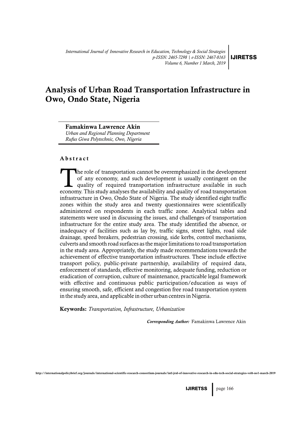 Analysis of Urban Road Transportation Infrastructure in Owo, Ondo State, Nigeria