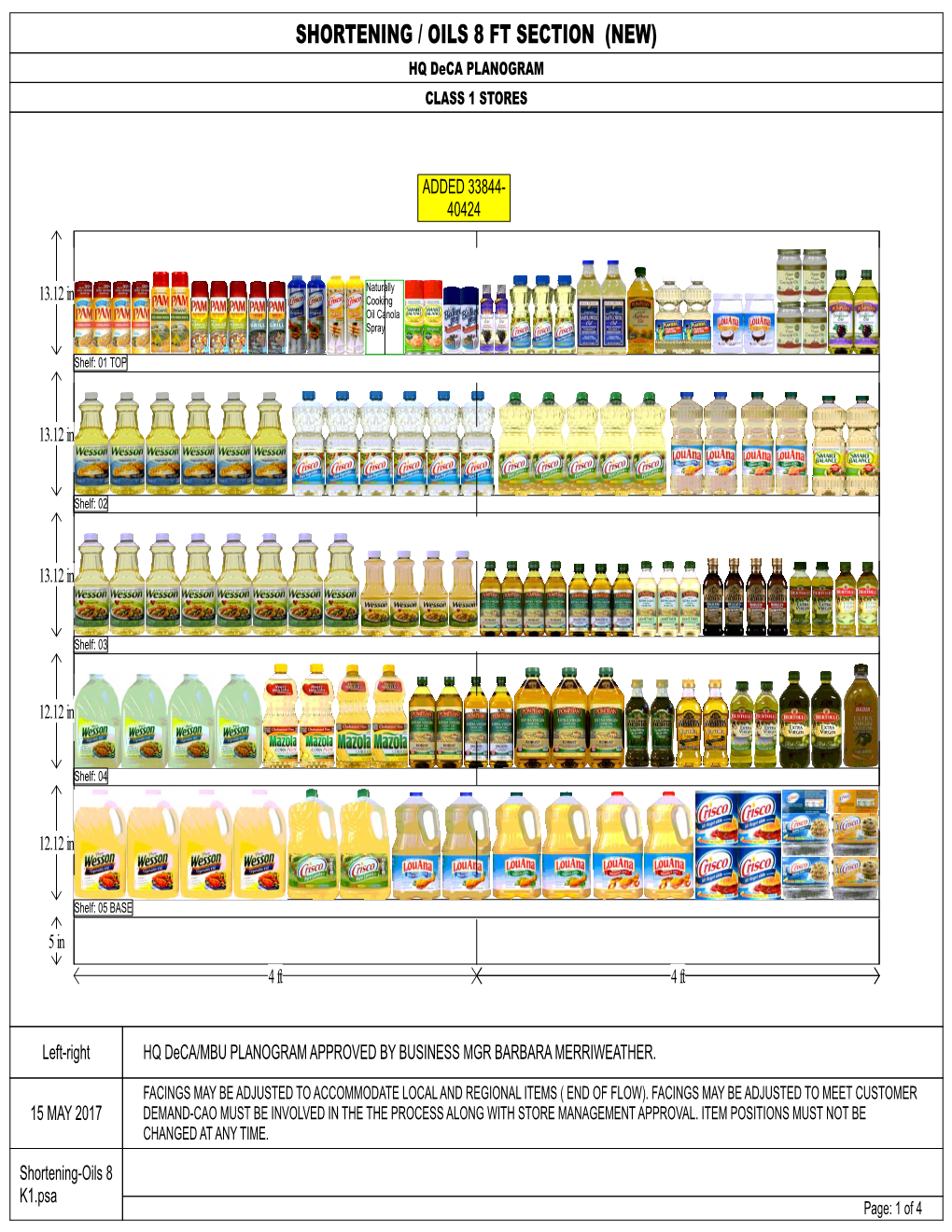 SHORTENING / OILS 8 FT SECTION (NEW) HQ Deca PLANOGRAM CLASS 1 STORES