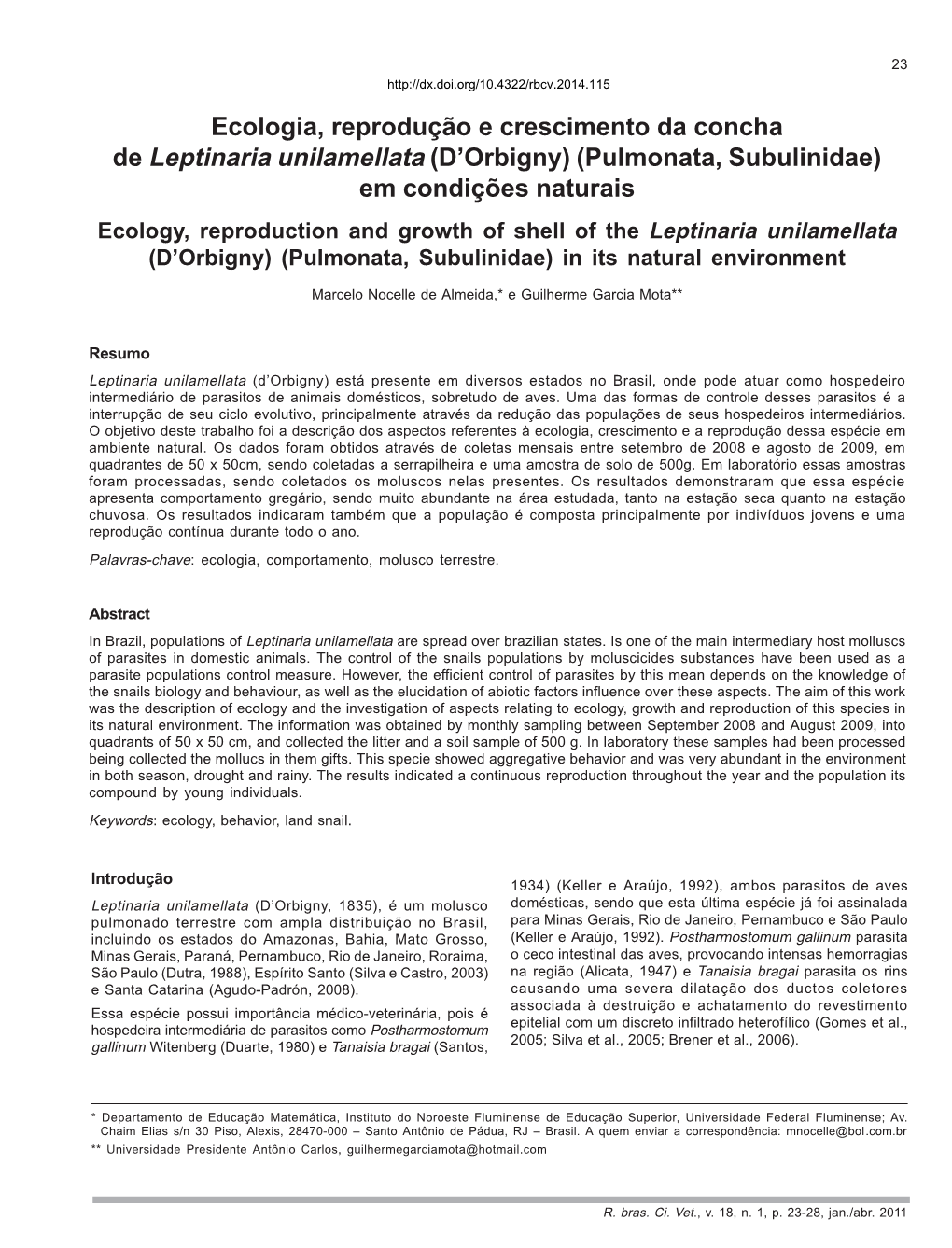 Ecologia, Reprodução E Crescimento Da Concha De Leptinaria Unilamellata