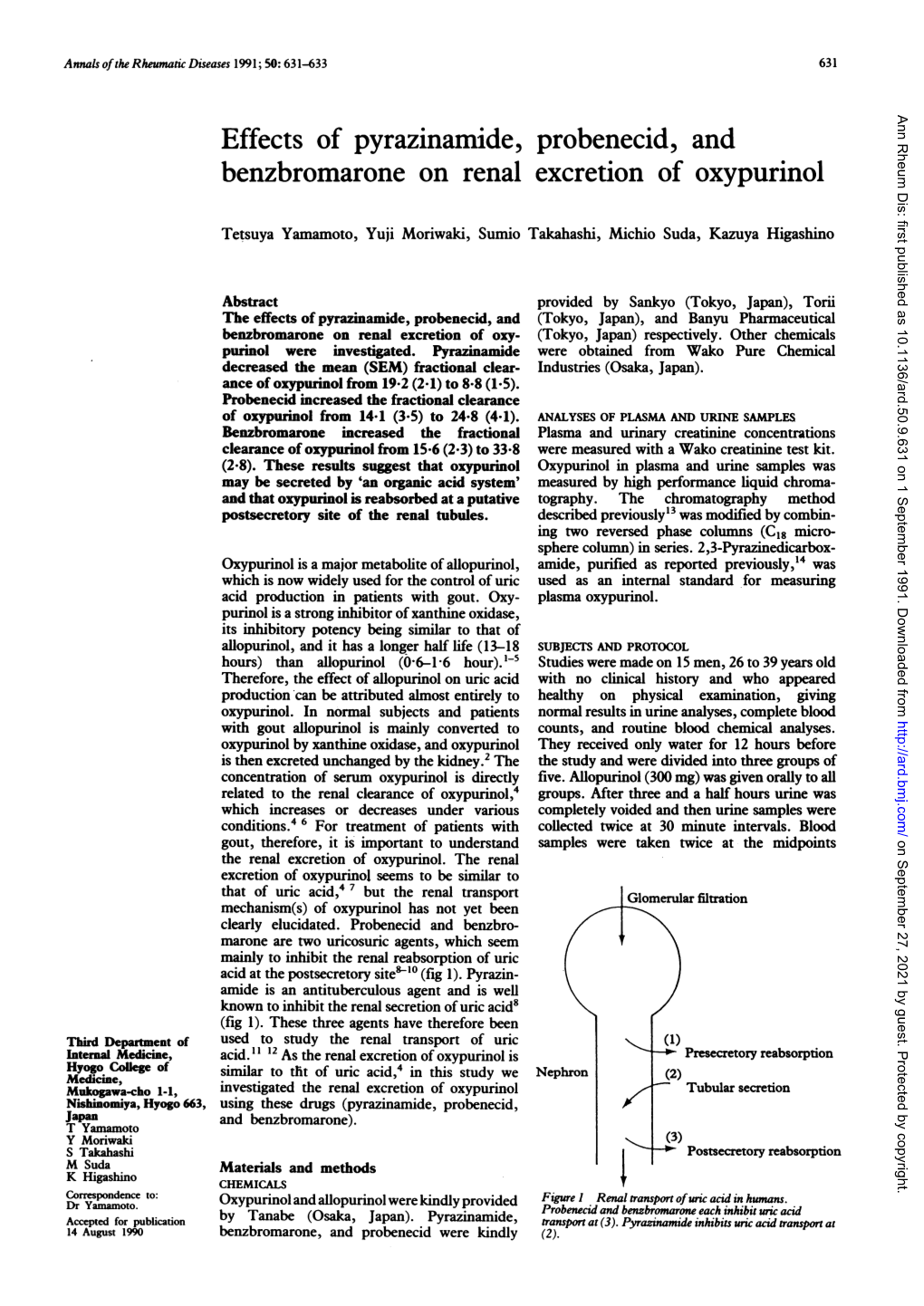 Effects of Pyrazinamide, Probenecid, and Benzbromarone on Renal Excretion of Oxypurinol