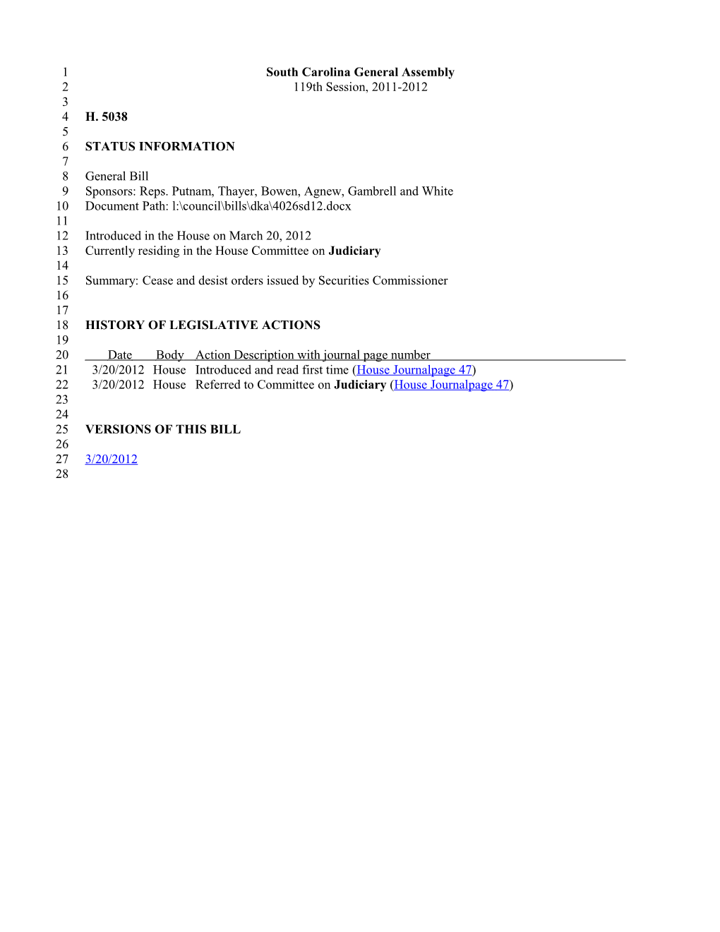 2011-2012 Bill 5038: Cease and Desist Orders Issued by Securities Commissioner - South