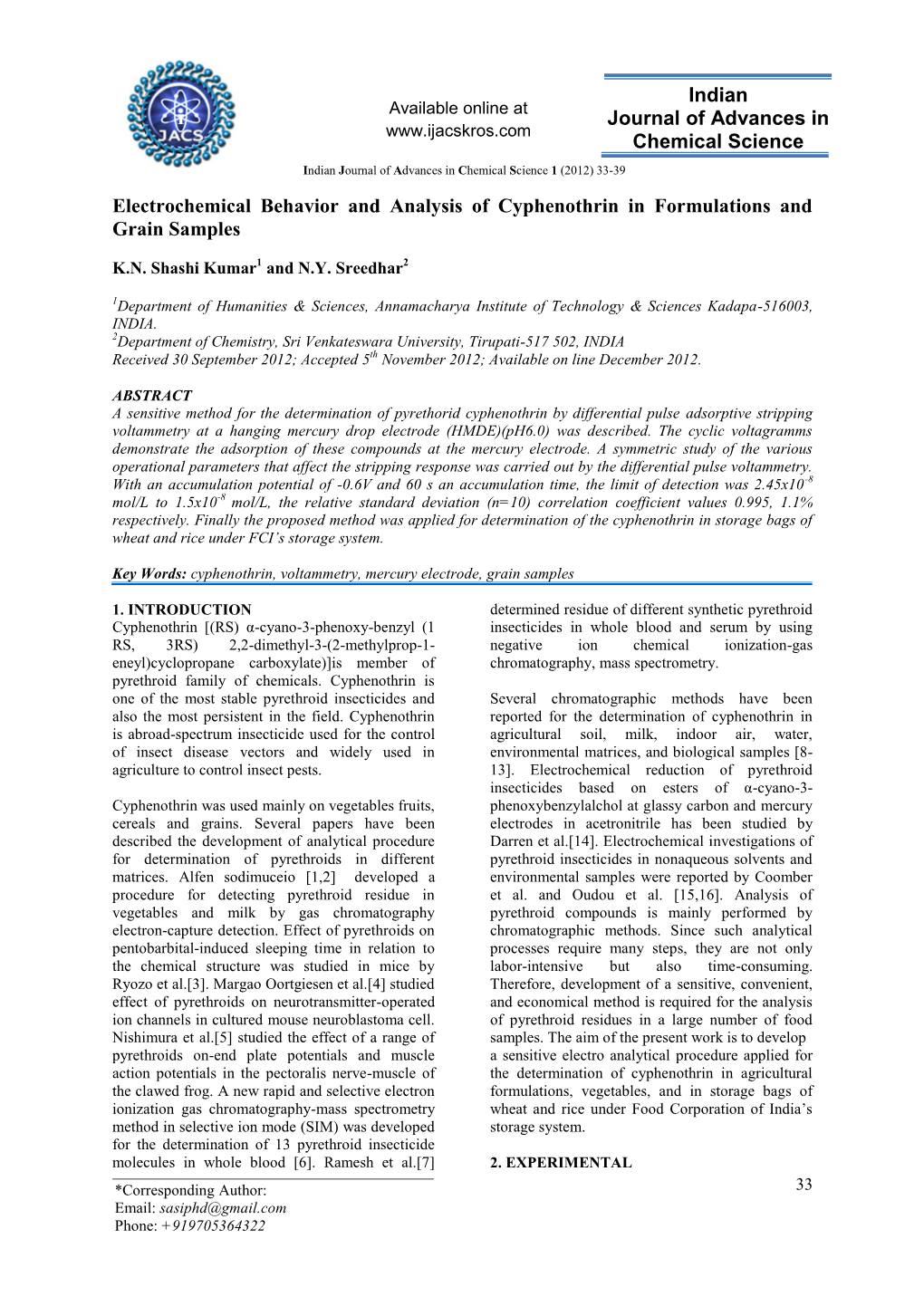 Electrochemical Behavior and Analysis of Cyphenothrin in Formulations and Grain Samples