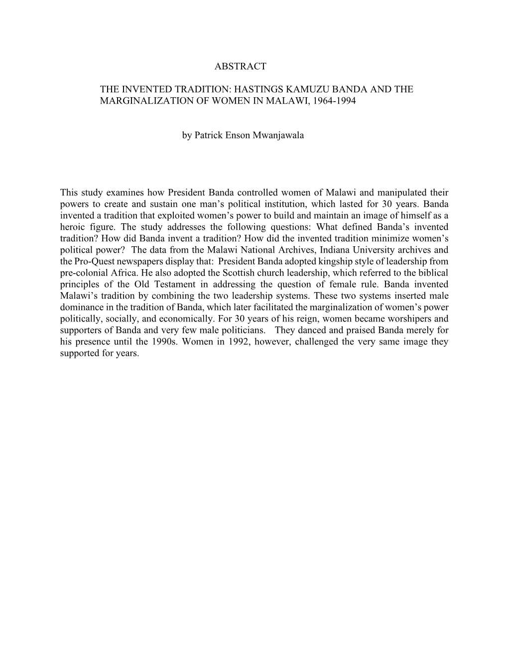 HASTINGS KAMUZU BANDA and the MARGINALIZATION of WOMEN in MALAWI, 1964-1994 by Patrick Enso