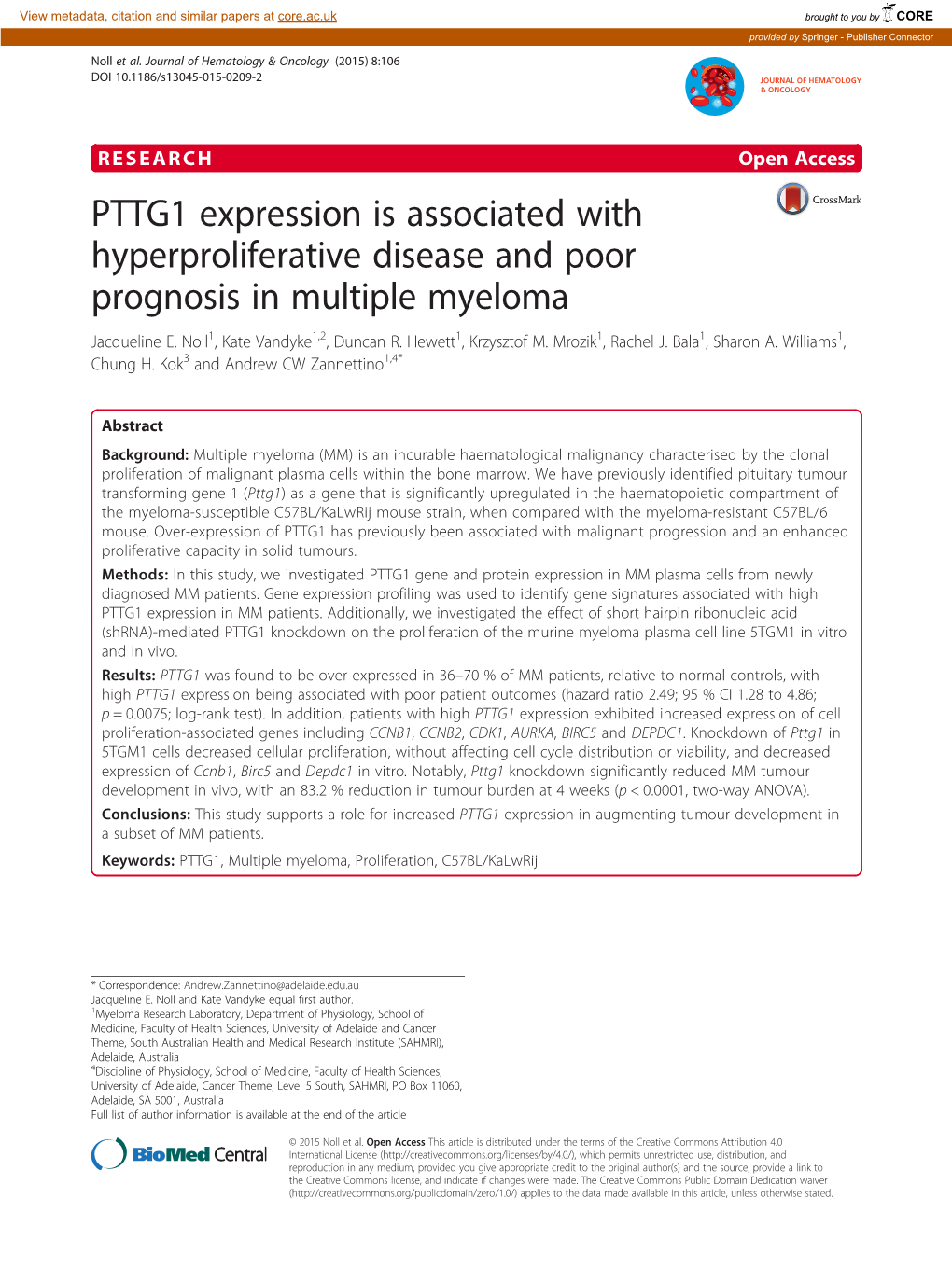 PTTG1 Expression Is Associated with Hyperproliferative Disease and Poor Prognosis in Multiple Myeloma Jacqueline E