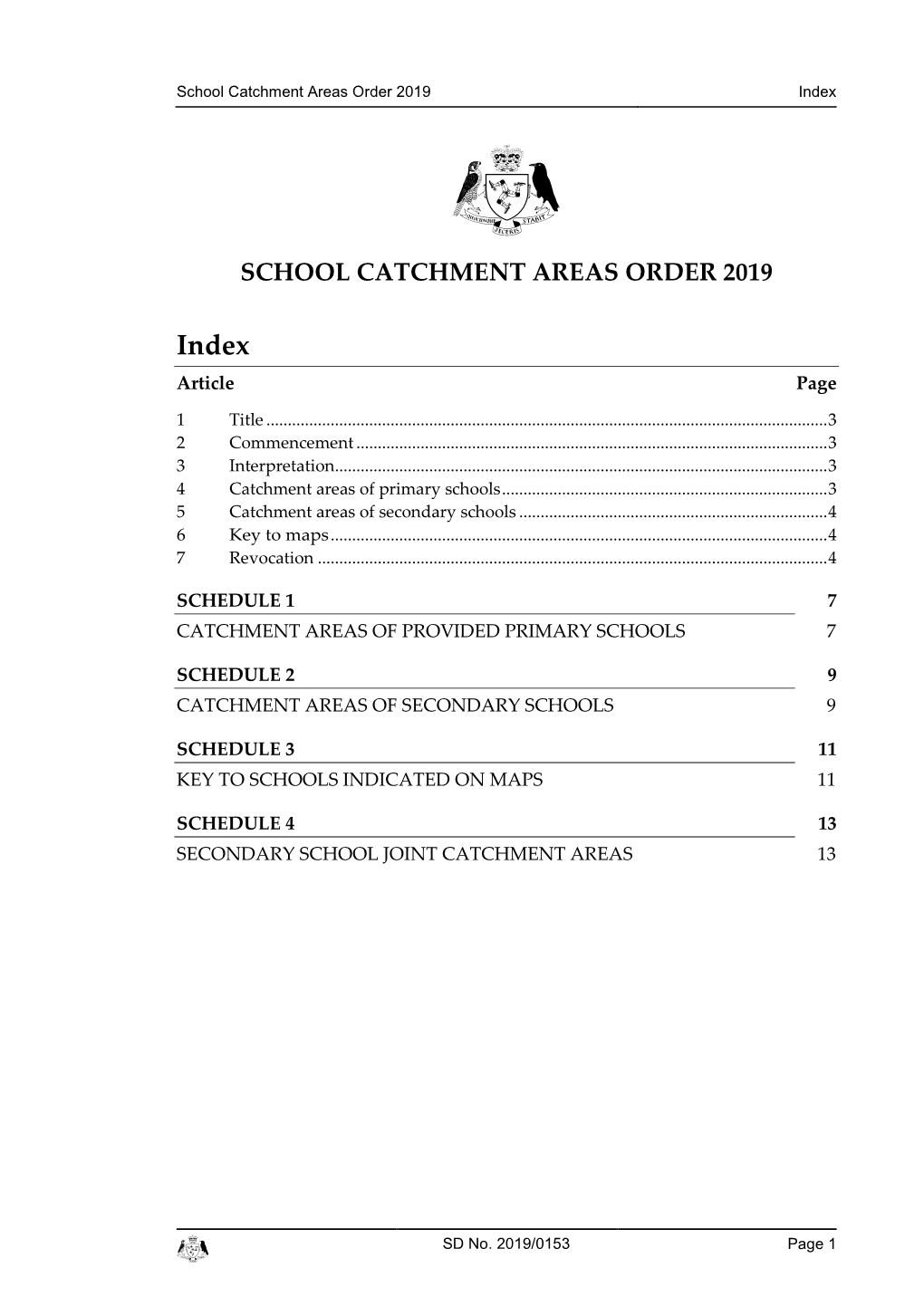 School Catchment Areas Order 2019 Index