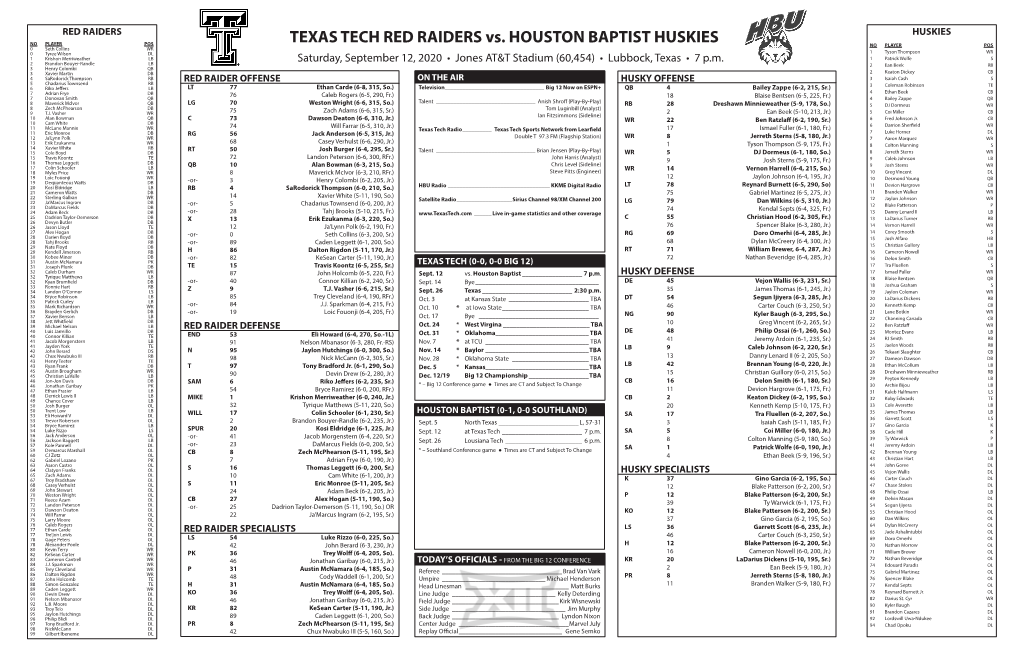 TEXAS TECH RED RAIDERS Vs. HOUSTON BAPTIST HUSKIES