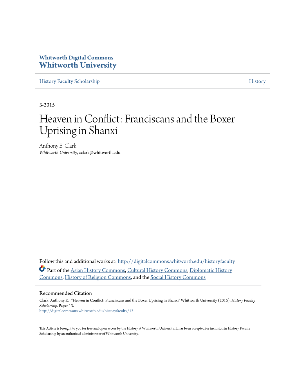 Franciscans and the Boxer Uprising in Shanxi Anthony E