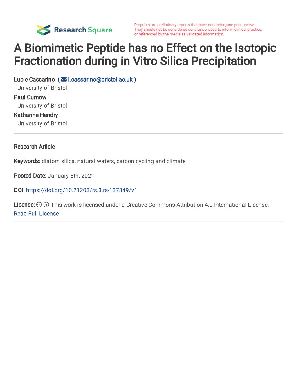 A Biomimetic Peptide Has No Effect on the Isotopic Fractionation During in Vitro Silica Precipitation