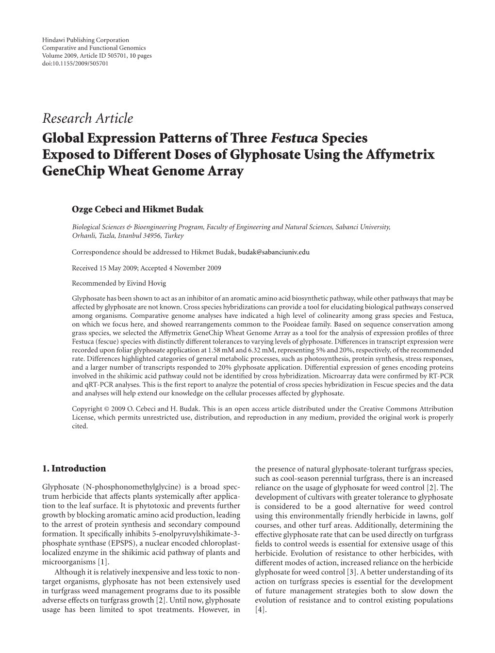 Global Expression Patterns of Three Festuca Species Exposed to Different Doses of Glyphosate Using the Affymetrix Genechip Wheat Genome Array
