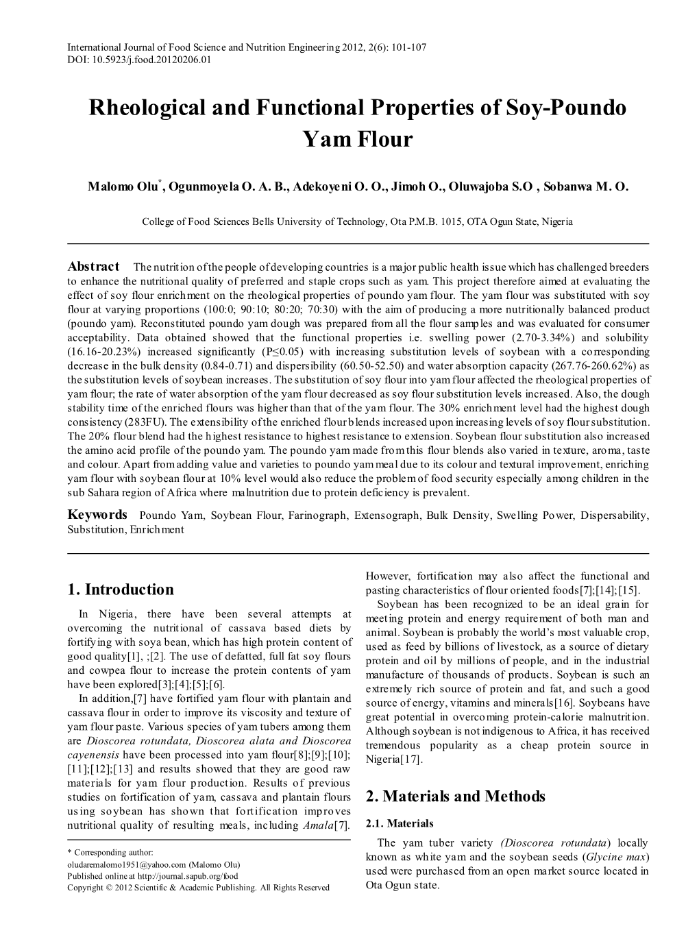 Rheological and Functional Properties of Soy-Poundo Yam Flour