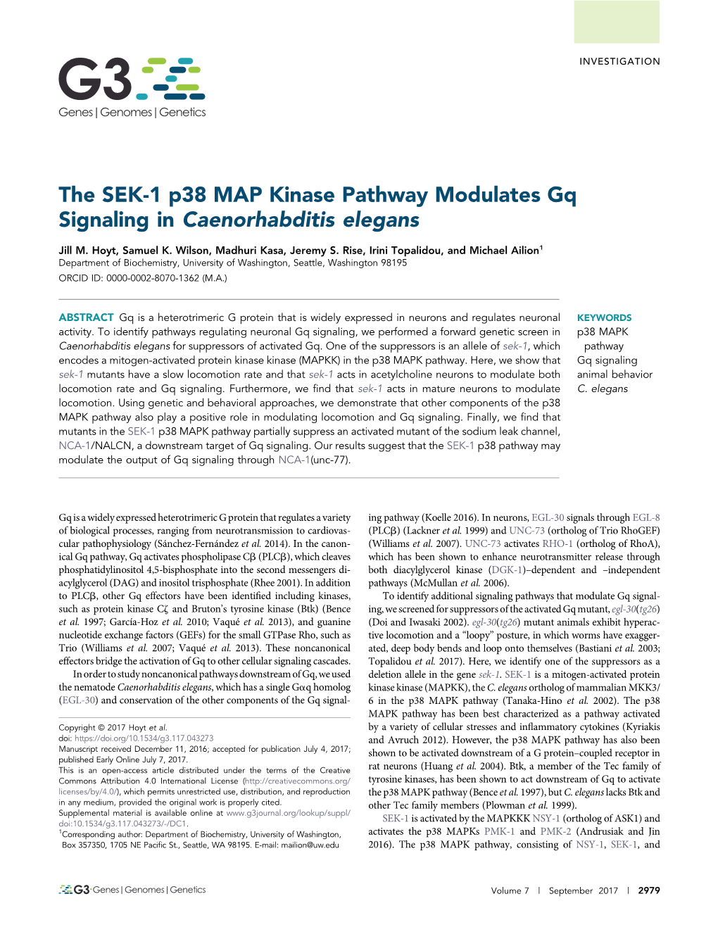 The SEK-1 P38 MAP Kinase Pathway Modulates Gq Signaling in Caenorhabditis Elegans