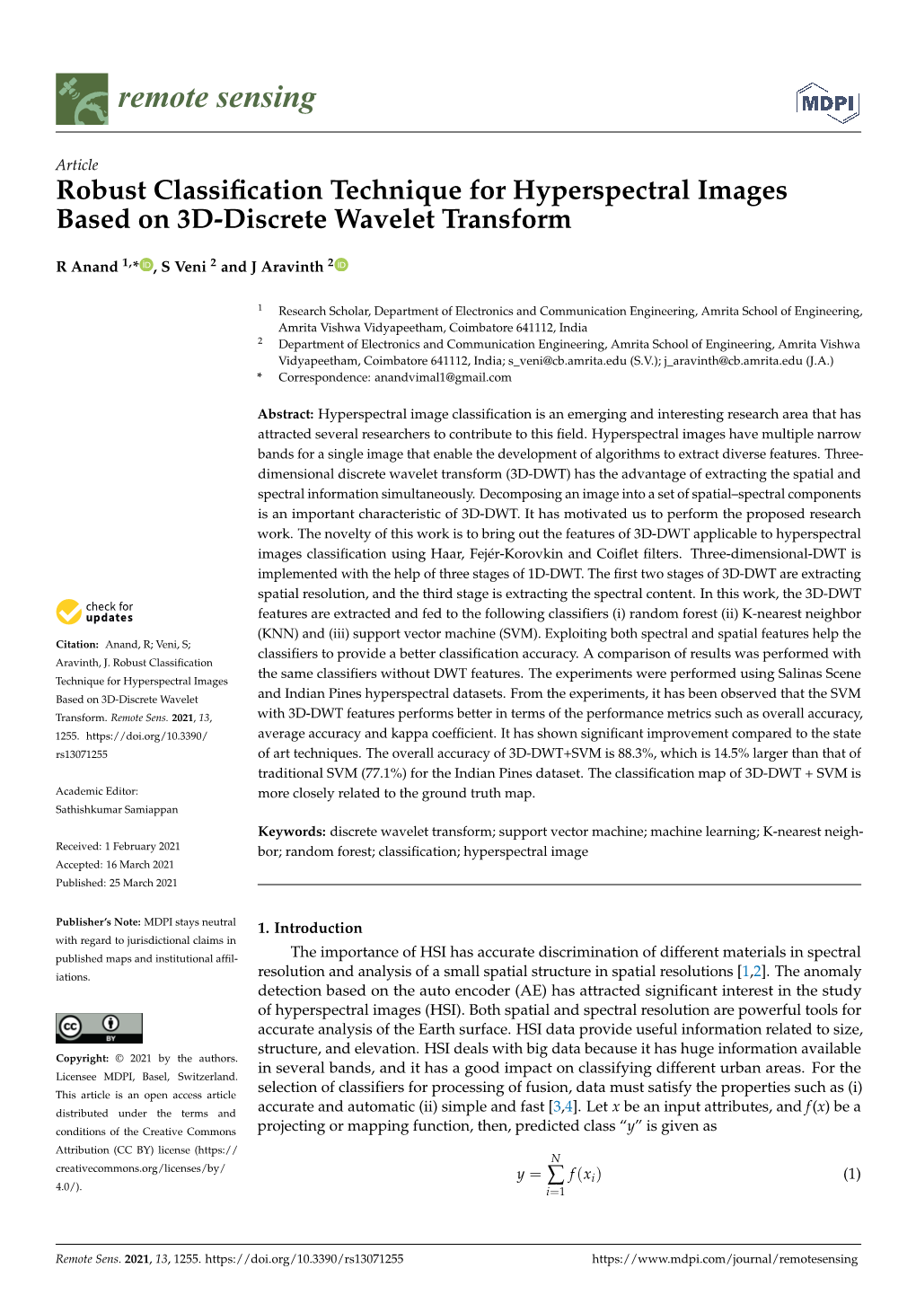 Robust Classification Technique for Hyperspectral Images Based on 3D