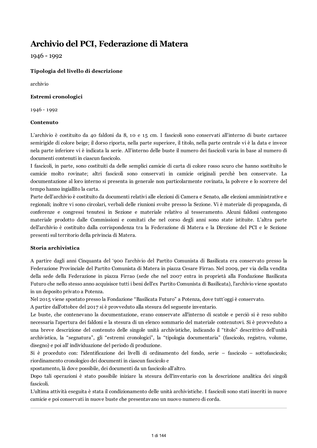 Archivio Del PCI, Federazione Di Matera 1946 - 1992
