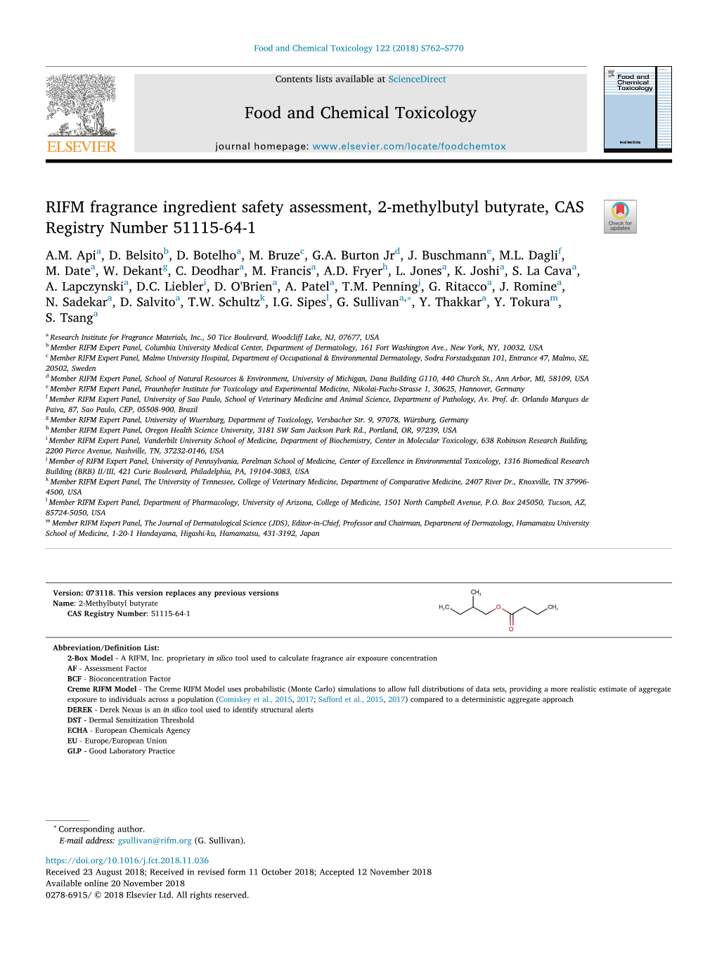 RIFM Fragrance Ingredient Safety Assessment, 2-Methylbutyl Butyrate, CAS T Registry Number 51115-64-1 A.M