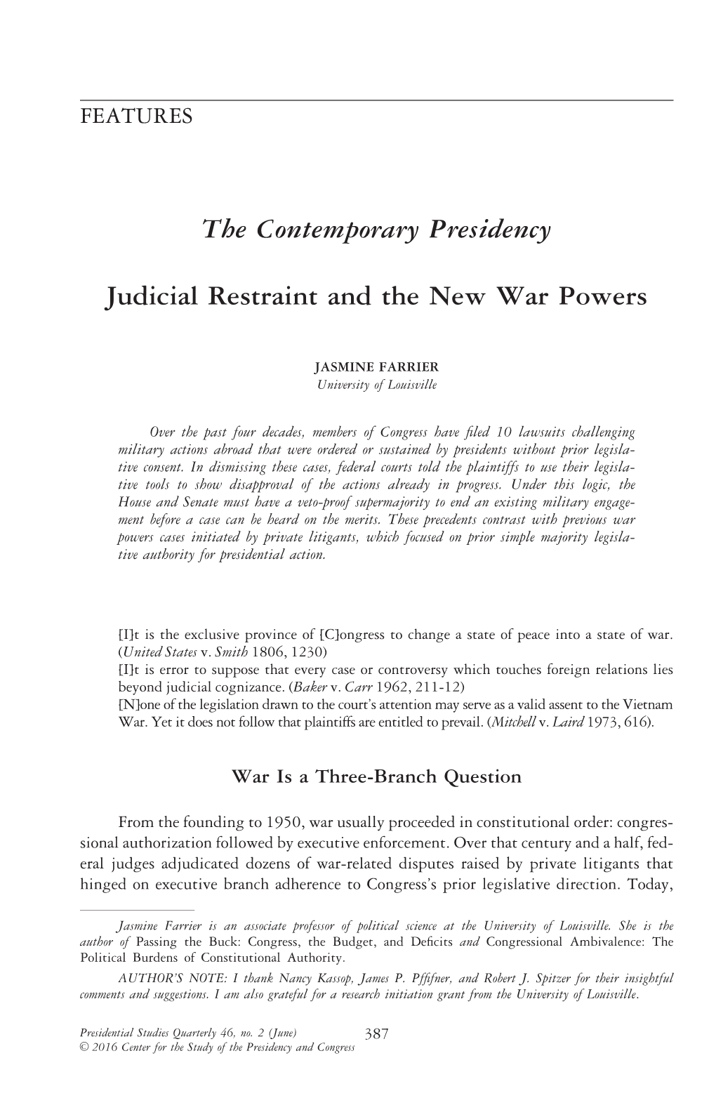 Judicial Restraint and the New War Powers