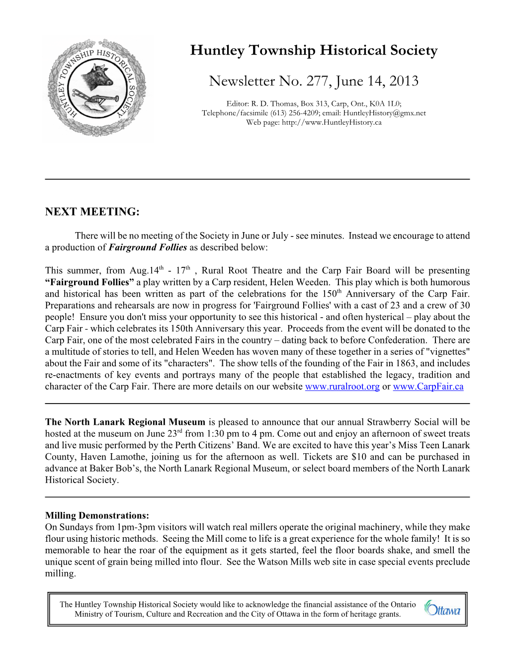 Huntley Township Historical Society Newsletter No. 277, June 14, 2013