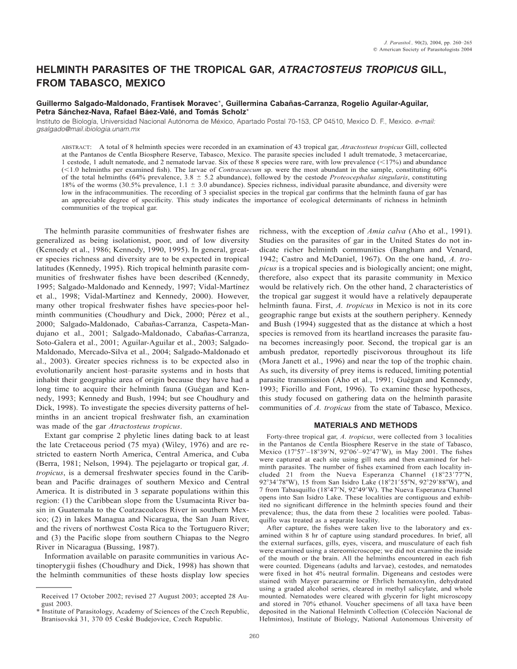 Helminth Parasites of the Tropical Gar, Atractosteus Tropicus Gill, from Tabasco, Mexico