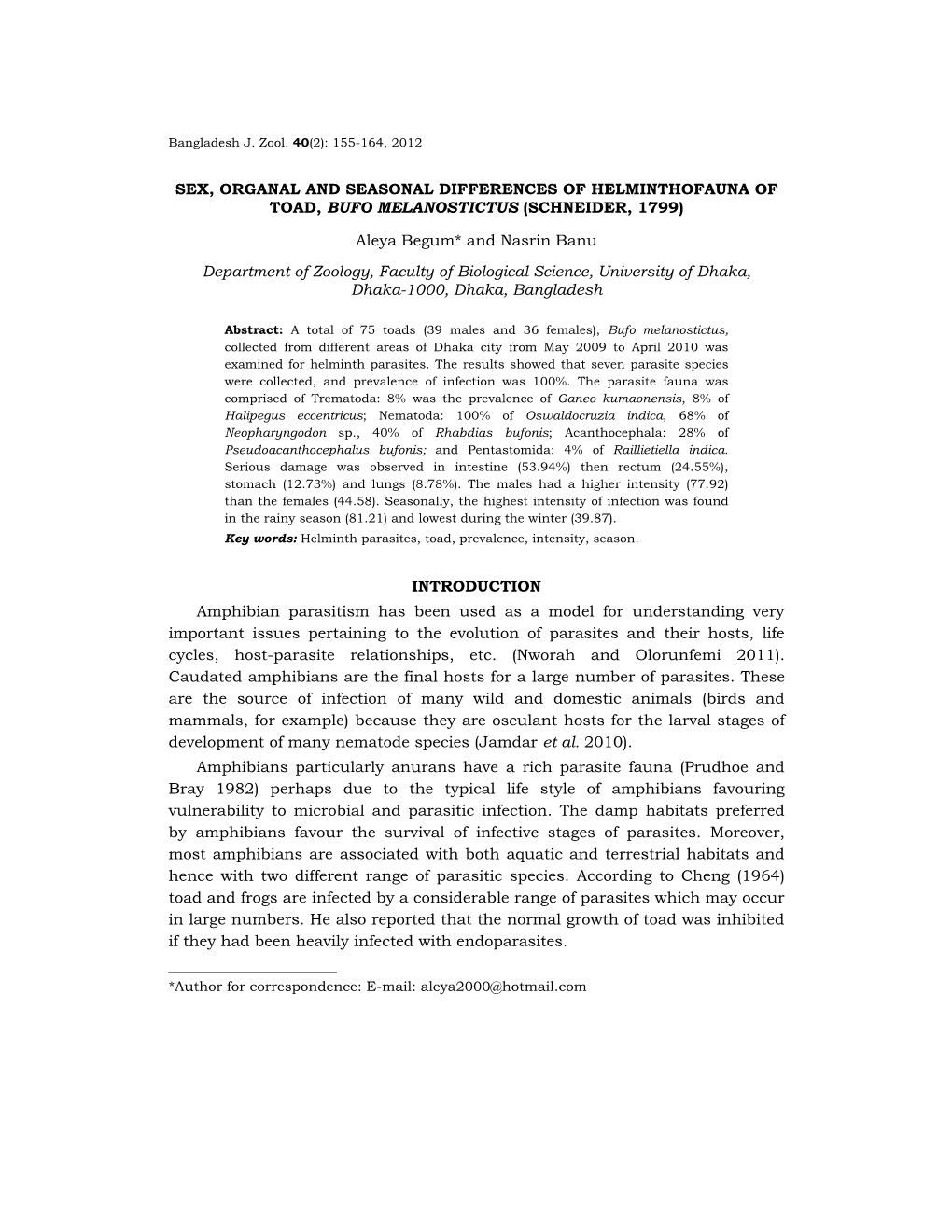 SEX, ORGANAL and SEASONAL DIFFERENCES of HELMINTHOFAUNA of TOAD, BUFO MELANOSTICTUS (SCHNEIDER, 1799) Aleya Begum* and Nasrin Ba