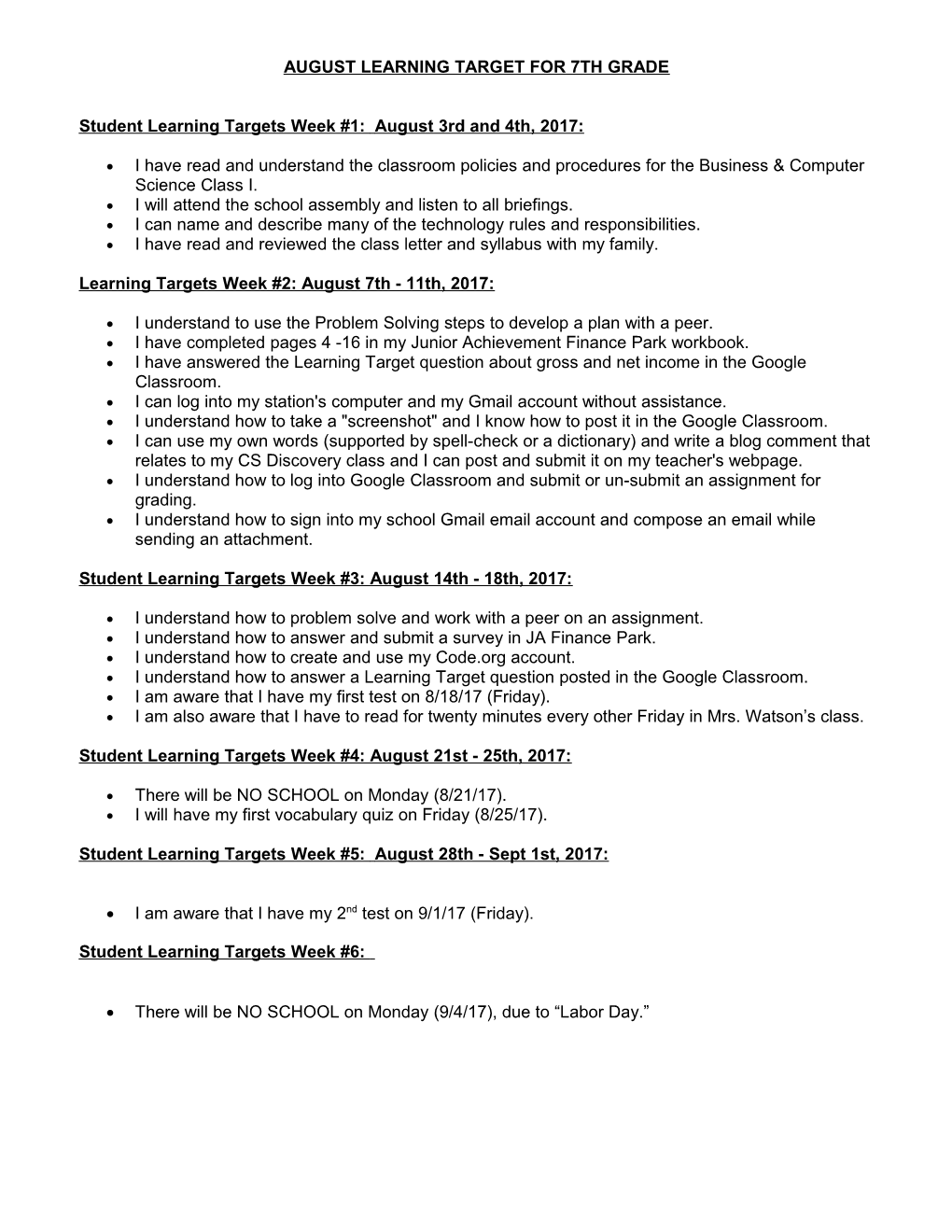 August Learning Target for 7Th Grade