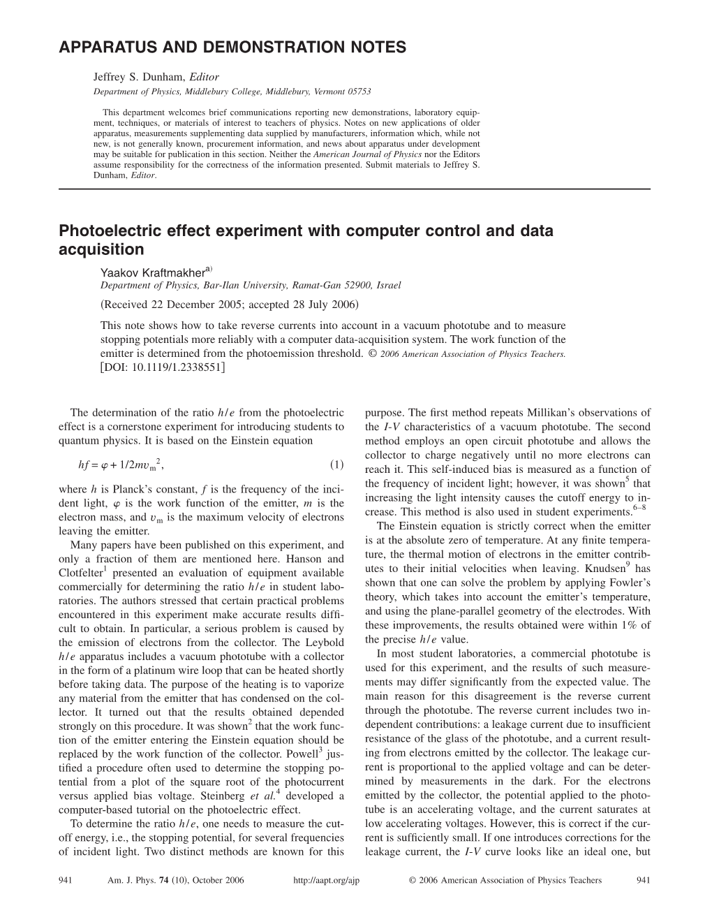 Apparatus and Demonstration Notes