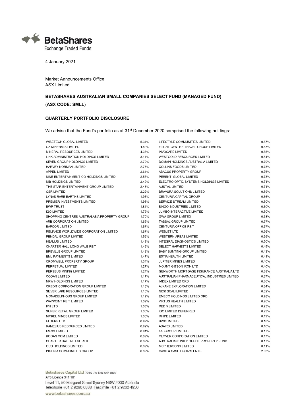 Managed Fund) (Asx Code: Smll)