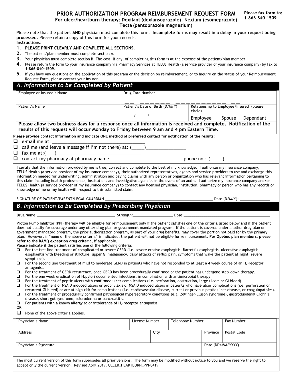 Ulcer-Heartburn Therapy: Dexilant (Dexlansoprazole), Nexium (Esomeprazole),Tecta (Pantoprazole Magnesium)- Prior Authorization F