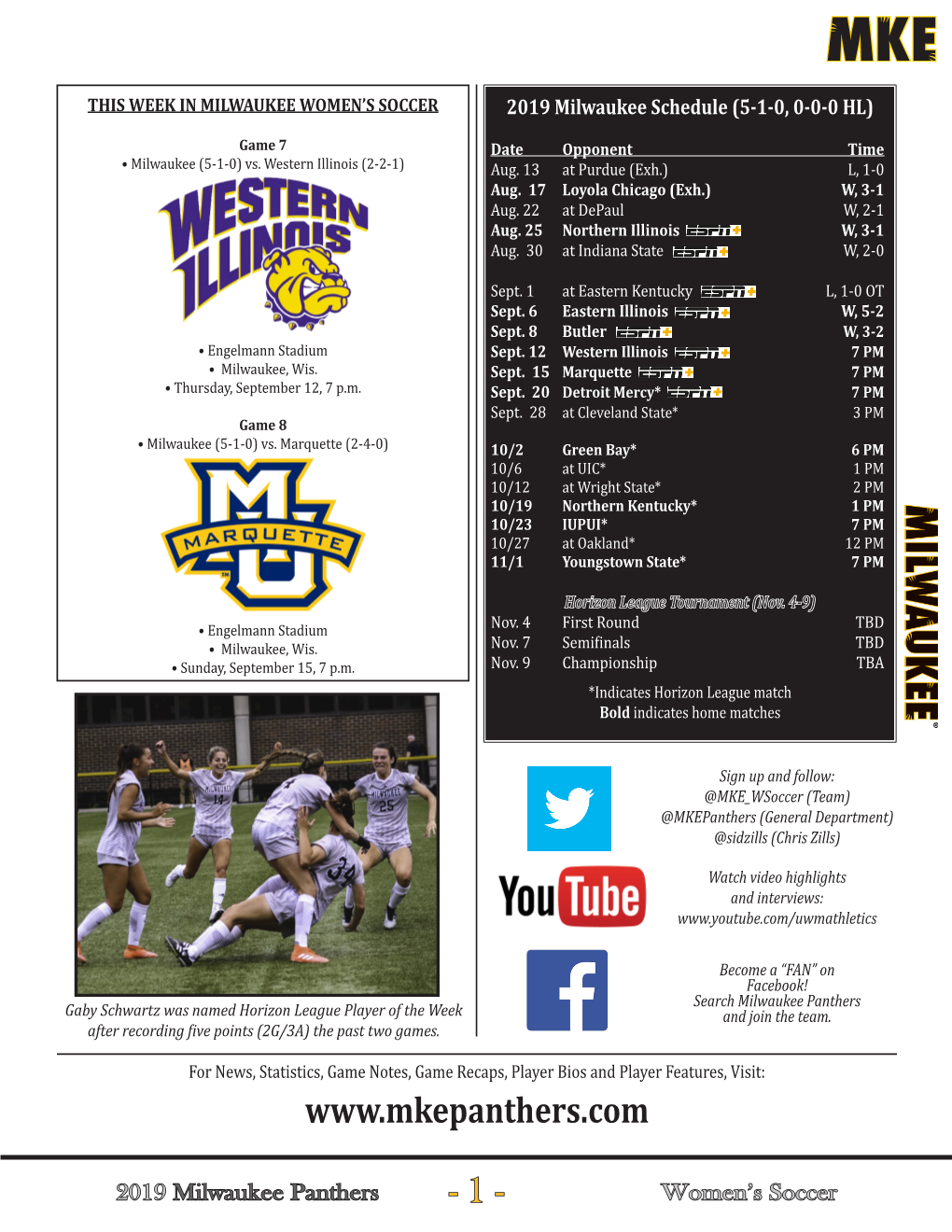 1 - Women’S Soccer LOOKING at the OPPONENTS: General Information WESTERN ILLINOIS: the Leathernecks Are Coming Off a 3-14-1 Campaign School