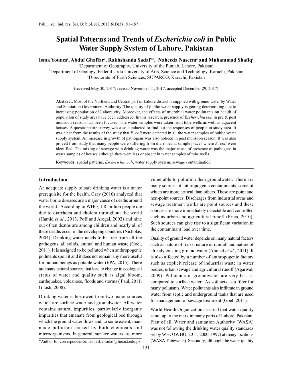 Spatial Patterns and Trends of Escherichia Coli in Public Water Supply System of Lahore, Pakistan
