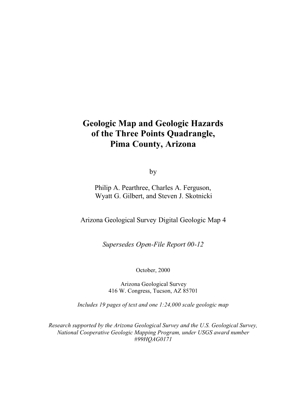 Geologic Map and Geologic Hazards of the Three Points Quadrangle, Pima County, Arizona