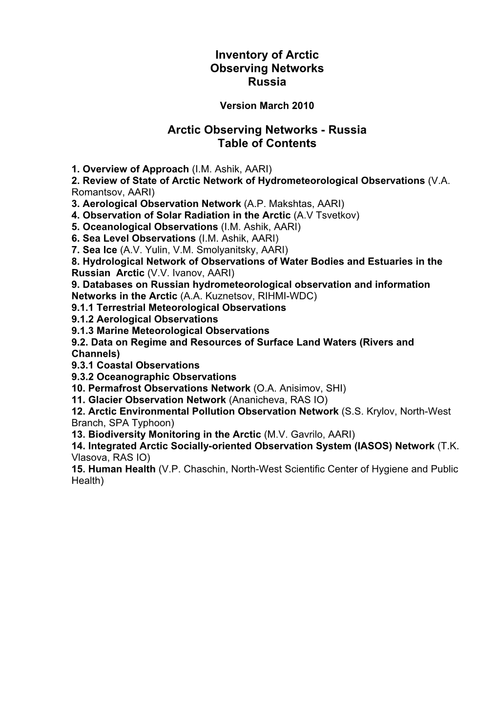 Inventory of Arctic Observing Networks Russia