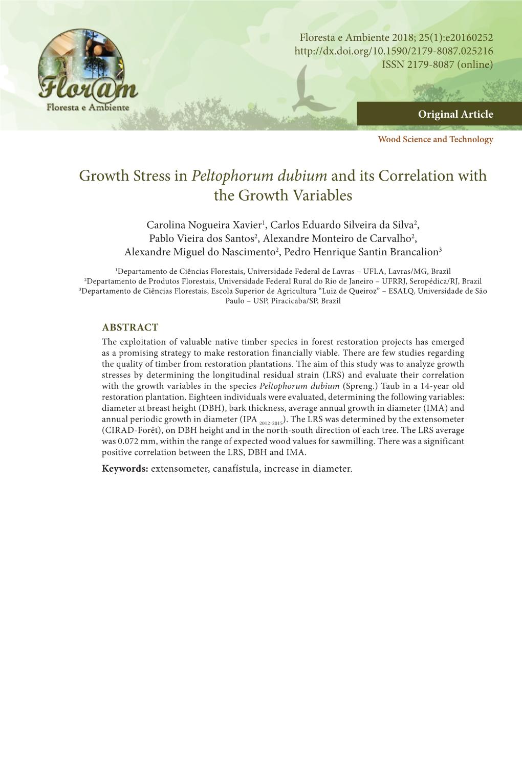 Growth Stress in Peltophorum Dubium and Its Correlation with the Growth Variables